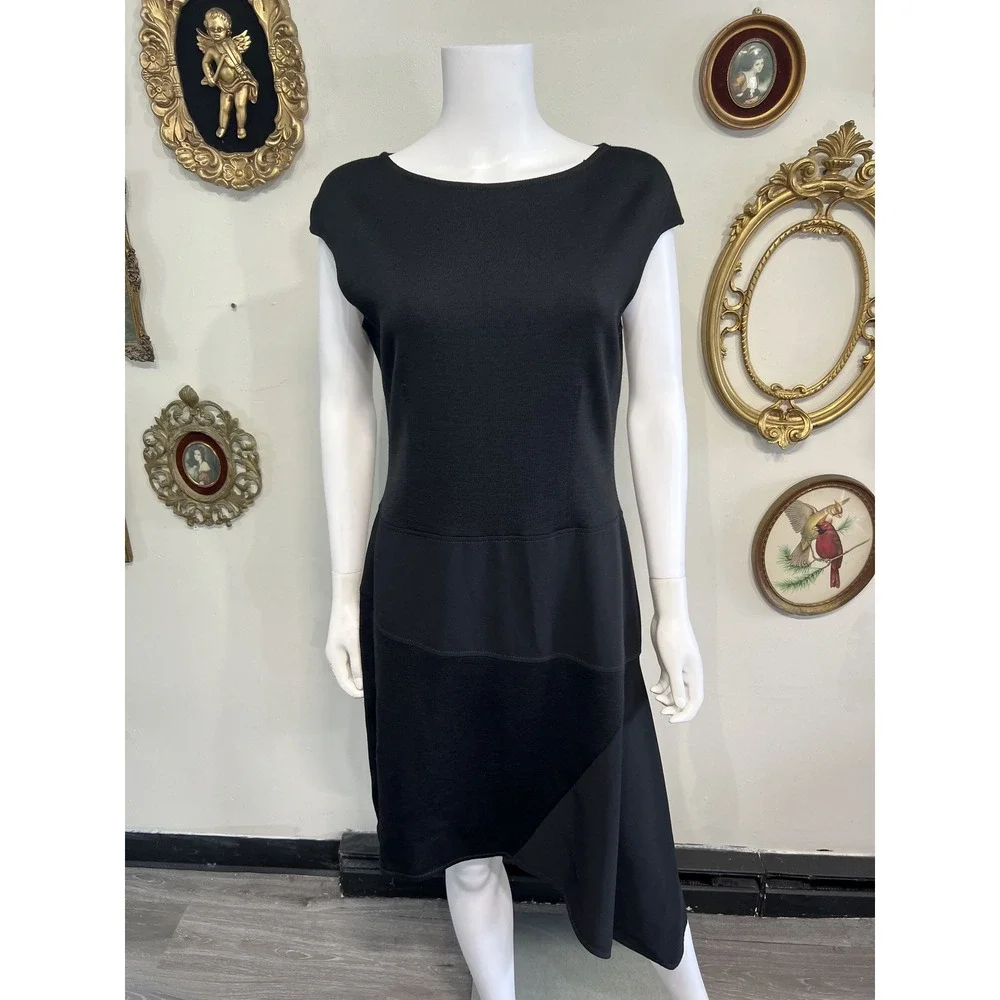 St. John Black Knit Cap Sleeve Asymmetrical Hem Midi Dress Size 8